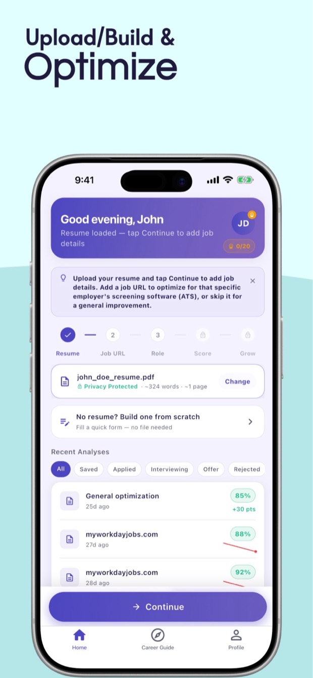Resuvia iOS home screen showing resume upload, the 5-step journey rail, and a list of recent analyses