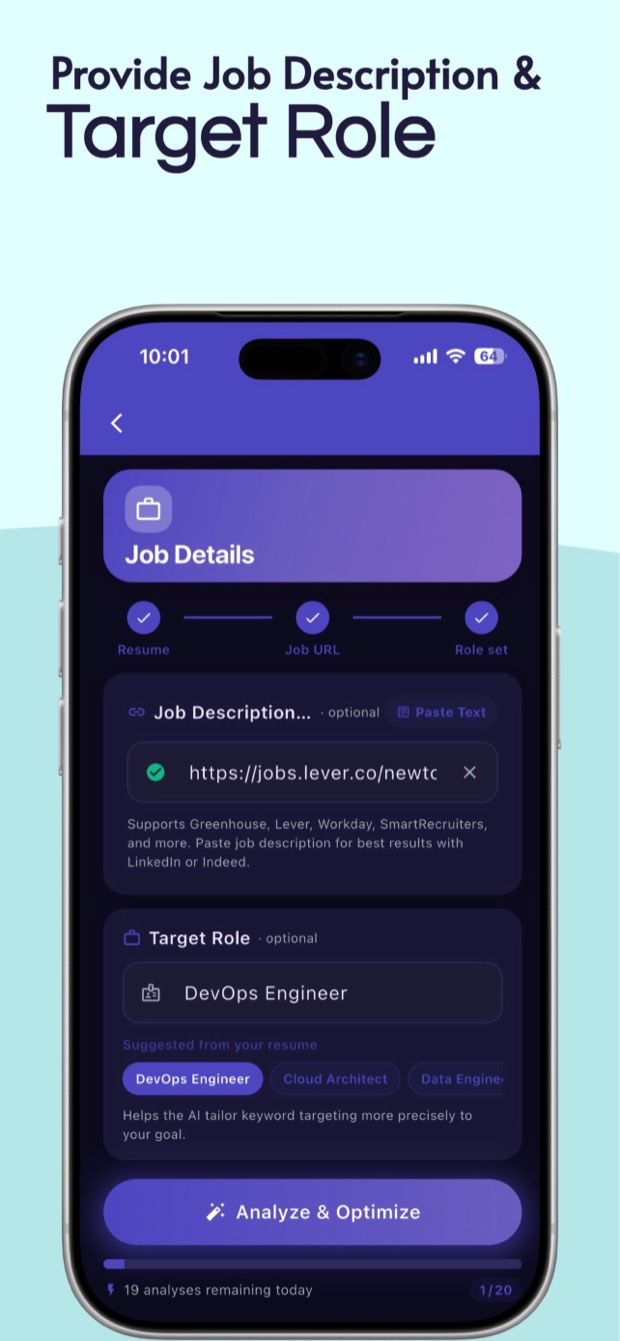 Resuvia iOS job details screen with a pasted job posting URL, a target role field, and the Analyze & Optimize button