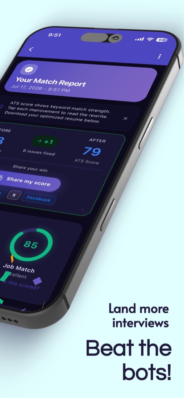 Resuvia iOS match report showing the ATS score improving from 78 to 79 with 6 issues fixed, plus a job match score of 85