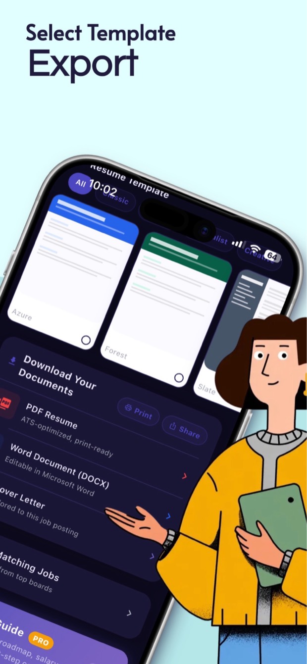 Resuvia iOS template picker with Azure, Forest, and Slate templates, plus PDF, DOCX, and cover letter export options