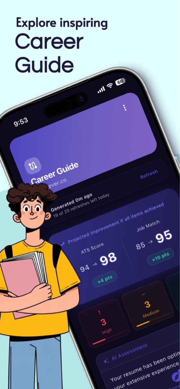 Resuvia iOS Career Guide showing projected ATS and job match score gains, plus high and medium priority action items